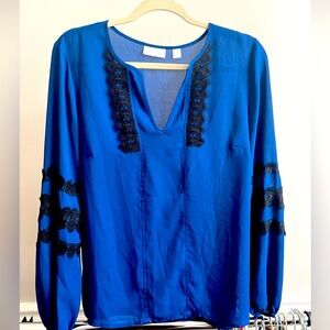 royal blue new york & company sheer blouse top with black lace detail